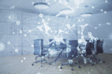 Double exposure of technlogy theme abstract hologram on conference room background. Concept of hightech