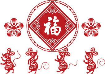 春節の壁飾り。ネズミと「福」の切り絵。