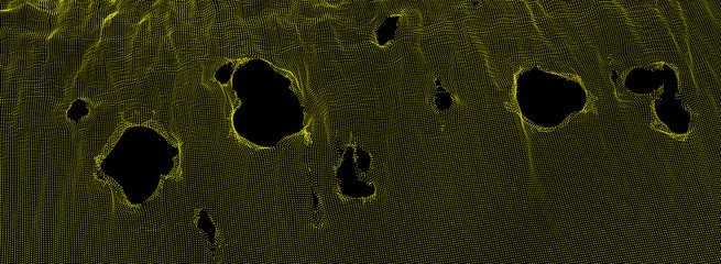 This spiderweb has been broken. Abstract grid background with hole. Array with dynamic particles. Texture. 3D grid surface.  Technology vector illustration.