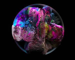 Abstract 3d render of a colorful aqua planet, hot pink, yellow, bright blue, light pink colors on it swirled together on a round sphere on black background