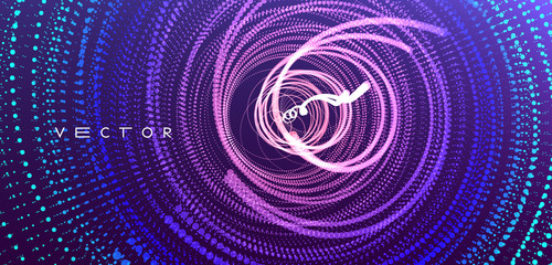 Array with dynamic particles. Swirl with connected dots. Abstract science or technology background. 3d vector illustration.