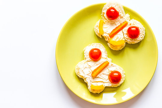 Kid Breakfast Butterfly Sandwiches Top View On White Background