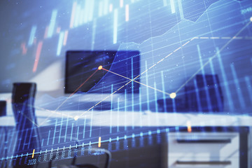 Stock market chart and desktop office computer background. Multi exposure. Concept of financial analysis.