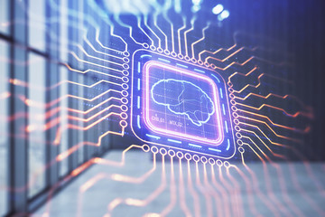 Double exposure of brain drawings hologram on empty room interior background. Data concept.