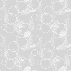 tropical palm leaves and circles seamless floral pattern