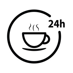 coffee icon/ fast food icon. Icon 24 Hour black vector coffee icon sign 