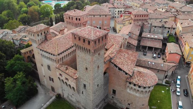 Aerial Cinematic Sunset Castle of Vignola Rocca di Vignola September 2019 Modena Emilia Romagna italy 4K