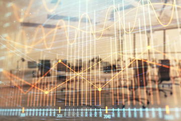 Stock and bond market graph with trading desk bank office interior on background. Multi exposure. Concept of financial analysis