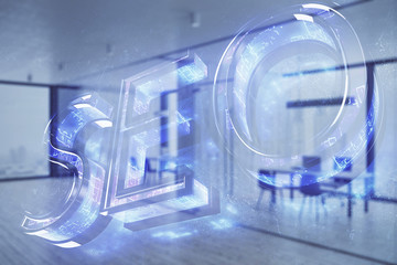 SEO icon hud with office interior on background. Double exposure. Concept of data search