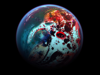 A colorful 3d render of light and dark blue earth in outer space that got infected,  it has a red eye on it, black stains and a light blue outline
