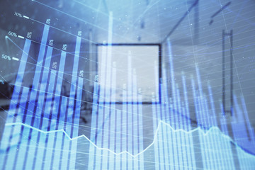 Stock market chart with trading desk bank office interior on background. Double exposure. Concept of financial analysis