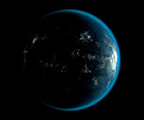 A dark 3d render of an earth in space surrounded by a blue light outline on a black background