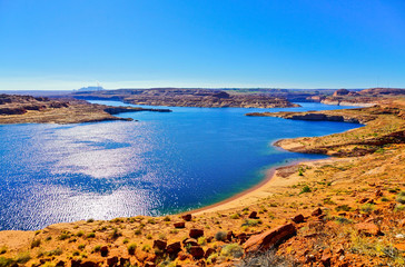 View of Glen Canyon and Lake Powell at Glen Canyon National Recreation Area in northern Arizona, USA.