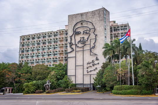 HAVANA, CUBA Ministry of the Interior building with face of Che Guevara located in Revolution Square,  in Havana, Cuba