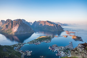 Beautiful scenery of Reine on top of Reinebringen during sunset time on a clear summer day, Lofoten...