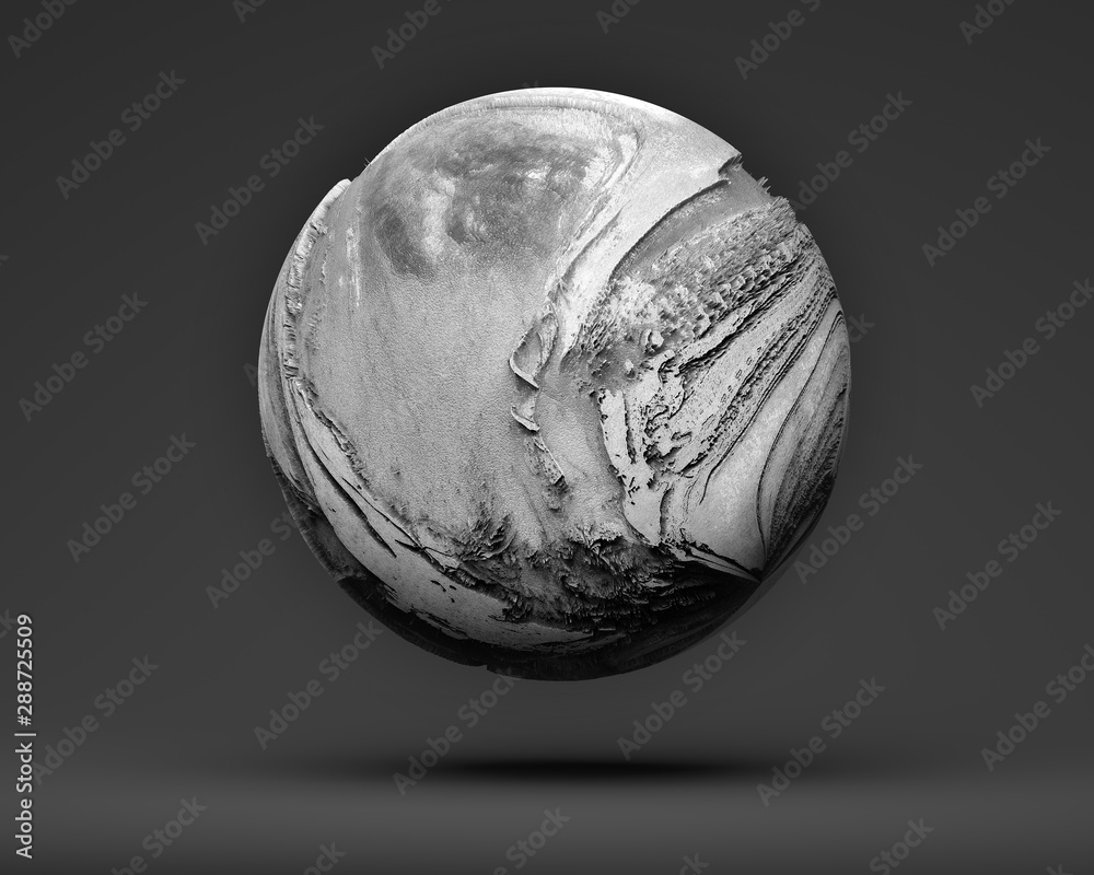 Wall mural 3d render of abstract black and white planet earth with rough surface with mountains on dark grey ba