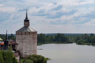 View from the bell tower to the Blacksmith Tower. Kirillo-Belozersky monastery. Monastery of the Russian Orthodox Church,.located in the city of Kirillov, Vologda Oblast.