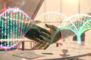 Multi exposure of DNA icon hologram on office background with two men handshake. Concept of education