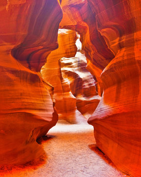 View Of Upper Antelope Canyon Shined By Sunlight With Beautiful Color In Arizona, USA.