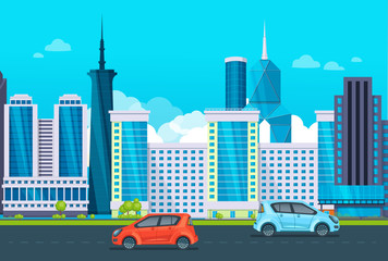 Modern high-rise city skyscrapers. Office city apartment buildings house residential. Towers city business architecture, business centers, residential buildings moving cars cartoon vector illustration