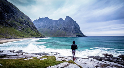 Fototapeta premium Dramatic scenery at the famous Kvalvika beach in Lofoten, North Norway