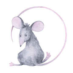 Cute rat. A cartoon character. Watercolor illustration on white background. Animal symbol of new year 2020. Element for design.