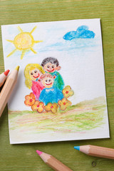 Children drawing of happy family with parents