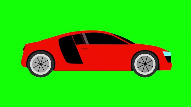 Red sport car flat style animation on green screen background. 4k