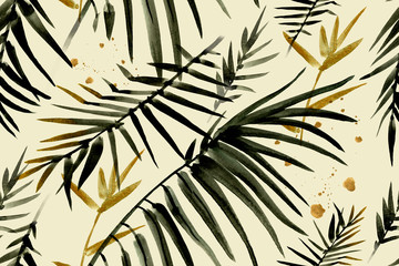 Watercolor seamless tropical pattern. Leaves of palm tree and spots.