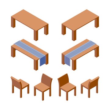 Vector isometric set of furniture as tables decorated with runner and wooden chairs. 3d collection good for interior design and room organization