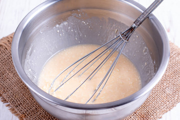 Mixing butter, sugar and eggs in bowl with mixing machine