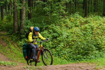 Obraz premium bikepacker crosses a ravine in a spruce forest