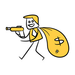businessman holding gun and stealing money sack, yellow stick figure 
