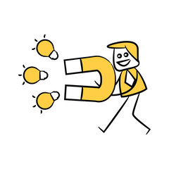 businessman using magnet to attraction and magnetize idea bulbs yellow stick figure design
