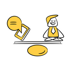 businessman meditating on balance with smart phone yellow stick figure design