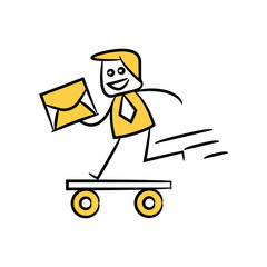 businessman and mail  running on skateboard stick figure design yellow stick figure design