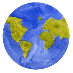Planet Earth, hand drawn watercolor illustration isolated on white.