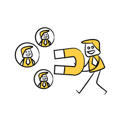 businessman using magnet to attraction and magnetize manpower for recruiting concept yellow stick figure design