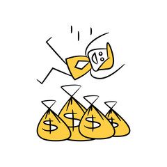 businessman falling on money sacks yellow stick figure design