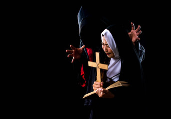 A nun is scary of a ghost on halloween night