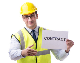 Construction supervisor with contract isolated on white backgrou