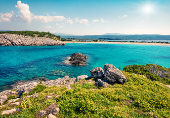 Picturesque spring view of Voidokilia beach. Bright morning seascape of Ionian Sea, Pilos town...