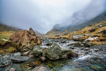 River from Honister Pass on a Foggy Day, Lake District, UK, 2015