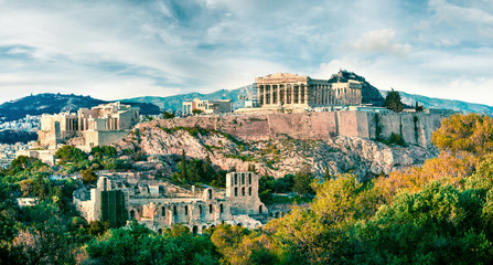 Naklejka premium Amazing spring view of Parthenon, former temple, on the Athenian Acropolis, Greece, Europe. Colorful morning scene in Athens. Treveling concept background. Instagram filter toned.