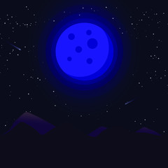 Blue Moon cartoon illustration, cute full moon vector clip-art, isolated moon on starry night background with mountain silhouettes.