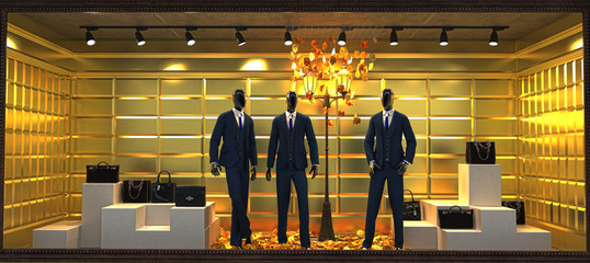 Showcase with mannequins, clothing store, leather goods and handbags, elegant, gold background, 3d illustration, 3d rendering