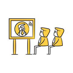 businessman meeting, online conference on screen yellow stick figure 