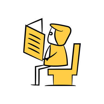 businessman sitting and reading newspaper in toilet yellow stick figure 