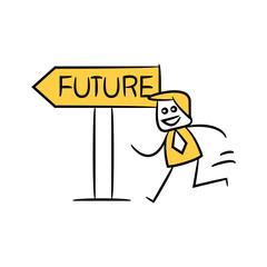 businessman running and future street sign yellow stick figure 