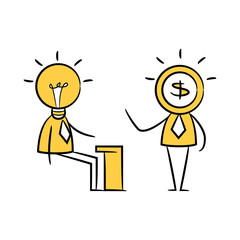 idea man and dollar man, idea and fund concept yellow stick figure 